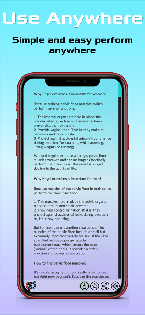 ケーゲル体操アプリのスクリーンショット。男女双方の骨盤底筋トレーニングの健康上の利点を説明しています。