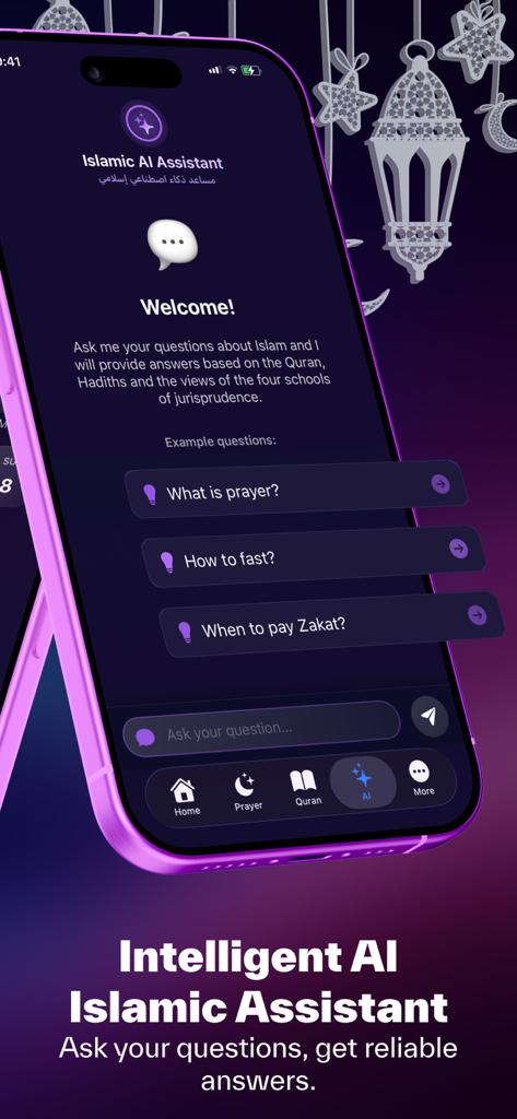 Islami - AI, Quran, Prayer - Interface of the Islamic AI Assistant feature in the Islami app