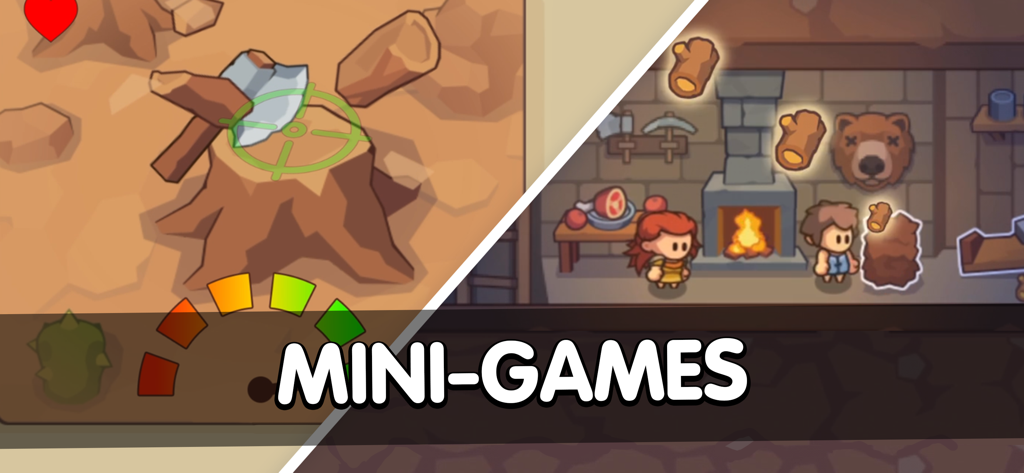 Stone Age Survival: Craft game - Captura de pantalla de Supervivencia en la Edad de Piedra que muestra un minijuego de tala de árboles y el interior de la base de una tribu.