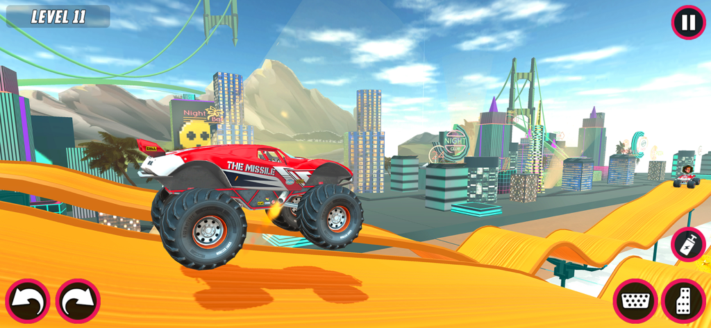 Monster Truck Stunts Car Games - A red monster truck named The Missile driving on a bright orange mega ramp in a city environment
