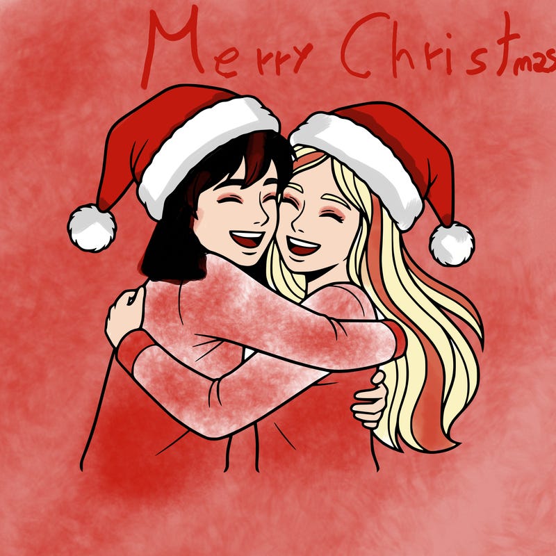 2 friends, one with short hair and the other with long hair, hugging each other with a christmas hat