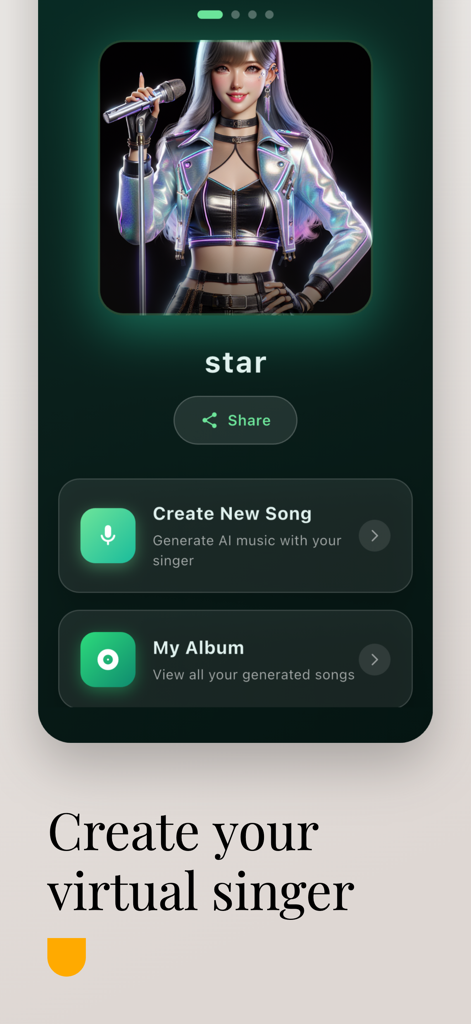 Sonoul - AI Virtual Singer - A mobile app screen for Sonoul showing a virtual anime style singer and options to create new AI music