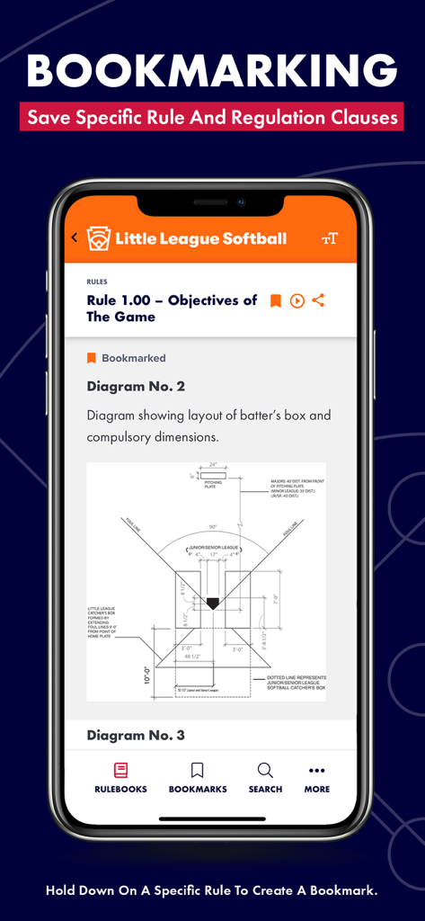 Little League Rulebook - Little League Rulebook app displaying a bookmarked softball field layout diagram and rule objectives.