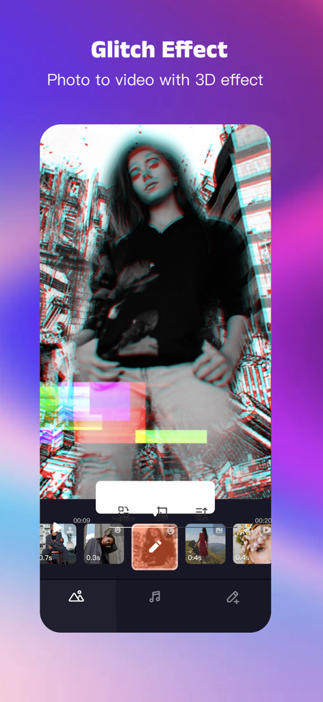 Interface de l'application Tempo montrant un effet glitch 3D sur un montage photo-vidéo.