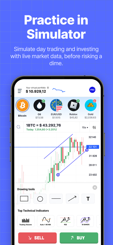 Mobile app screen showing a risk-free trading simulator with a Bitcoin candlestick chart and technical analysis tools