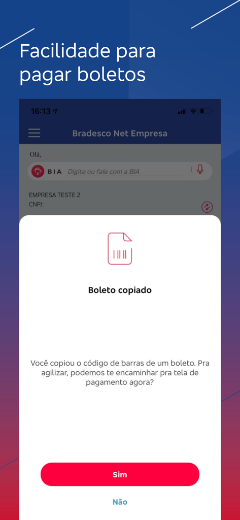 Captura de tela do aplicativo Bradesco Net Empresa mostrando uma notificação de código de barras de boleto bancário copiado para iniciar o pagamento.