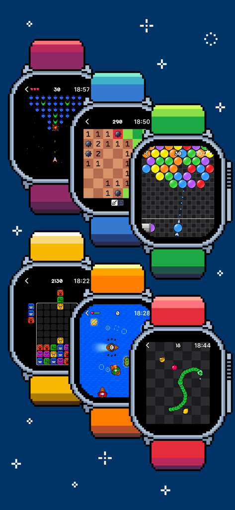 Uma coleção de Apple Watches coloridos exibindo vários jogos de arcade retrô em pixel art