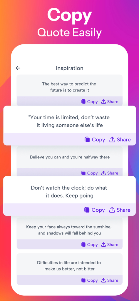 Una interfaz de aplicación móvil que muestra una lista de citas inspiradoras con botones para copiar y compartir.