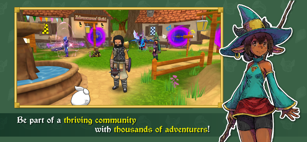 Jogadores reunidos do lado de fora da Guilda dos Aventureiros no mundo de fantasia de Eterspire