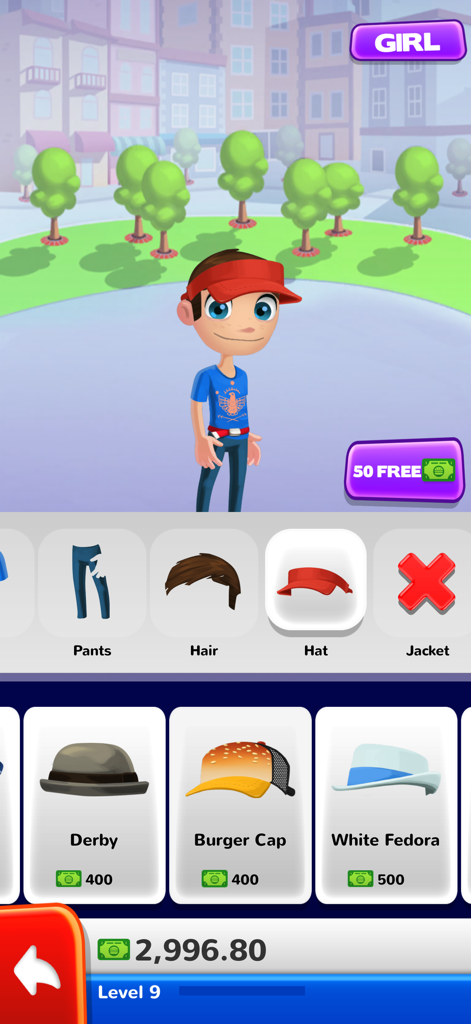 Sky Burger character customization screen showing avatar dress up options for hats and clothing