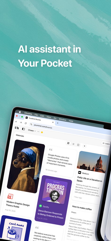 YouMind: AI Notes & Chat - A laptop screen displaying the YouMind AI assistant interface with visual boards containing notes, images, and articles.