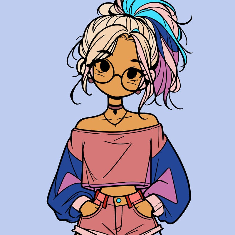 girl with a messy ponytail glasses a baggy crop top and jean shorts