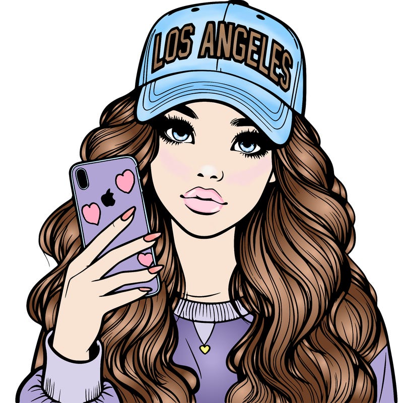 realistic beautiful girl wearing los ángeles cap holding an iphone
