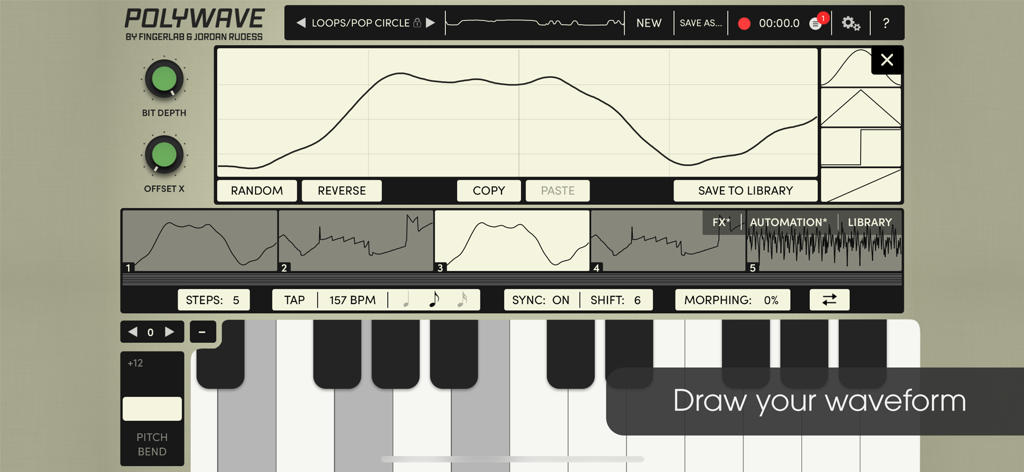 PolyWave - PolyWave app interface showing custom waveform drawing editor and keyboard