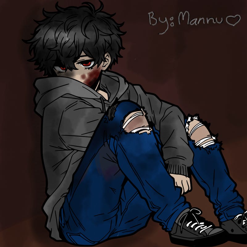 a male hoddie ripped jeans messy hair anime