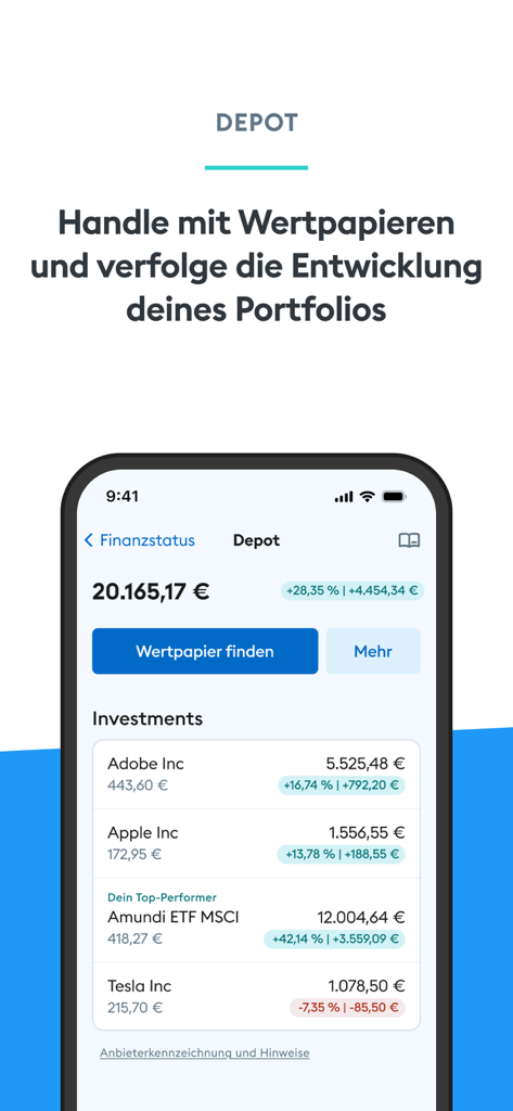 DKB mobile app displaying an investment portfolio with stock prices and performance metrics