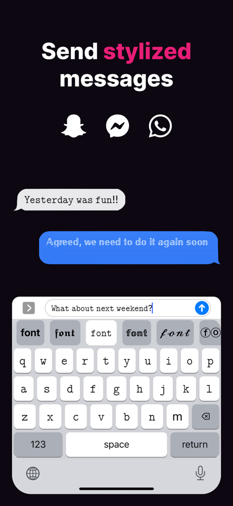 Fontkey - Fonts Keyboard Emoji - Uma captura de tela da extensão de teclado Fontkey mostrando como enviar mensagens de texto estilizadas em apps de chat.