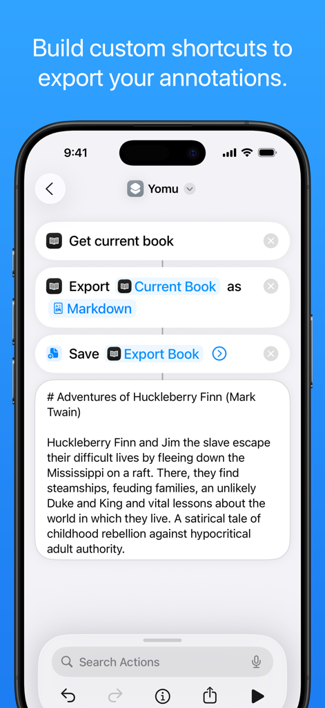Yomu EBook Reader - iPhone-Bildschirm, der einen benutzerdefinierten iOS-Shortcut-Workflow zum Exportieren von Buchanmerkungen aus Yomu als Markdown zeigt
