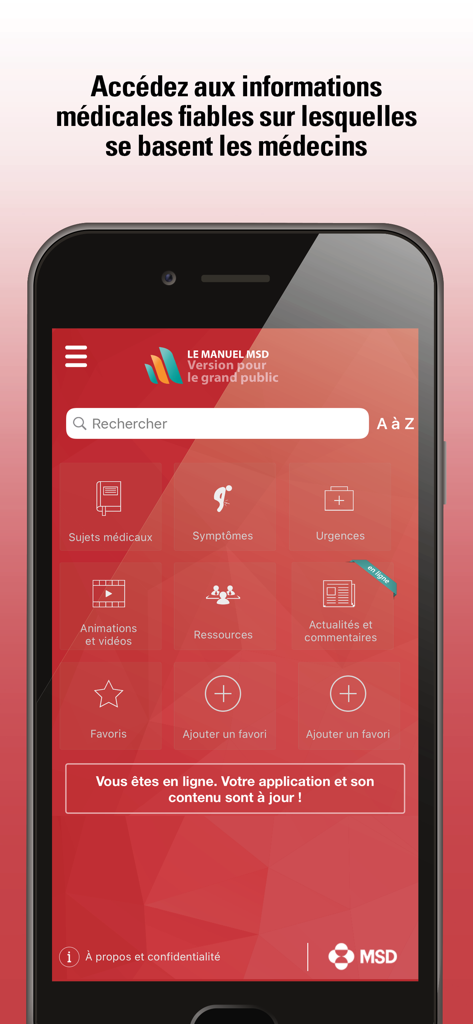Le Manuel MSD grand public - Interface de l accueil de l application medicale Le Manuel MSD grand public affichant les differentes rubriques de sante.