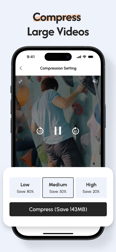 Genie - Phone Storage Cleaner - スマートフォンのインターフェース。動画圧縮設定が表示され、ストレージスペースを節約するオプションがあります。