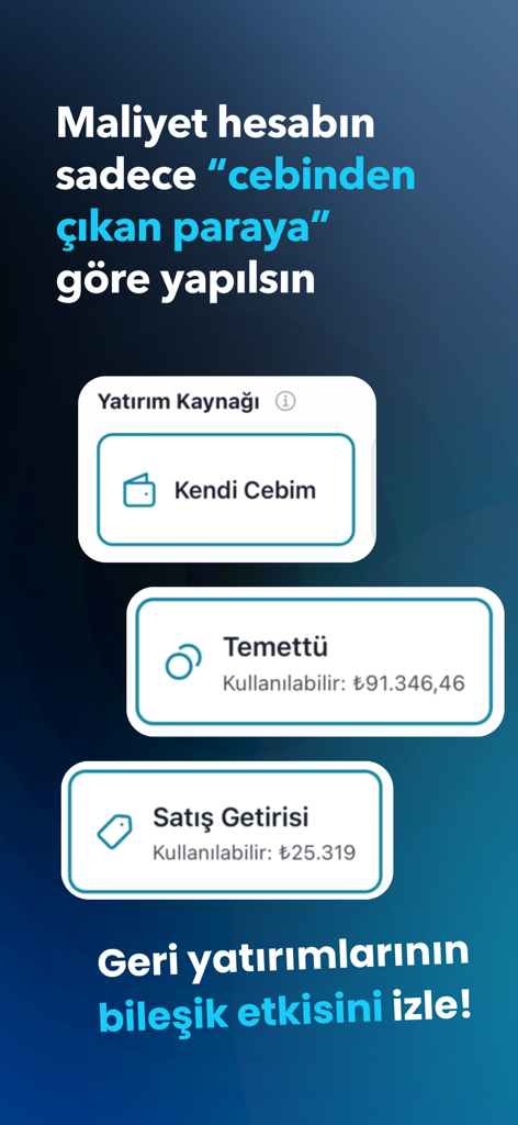 Temettü: Hisse Portföy Takvim - 配当や売上収益などの投資元を追跡し、取得価額や複利を計算するためのオプションを表示するモバイルアプリ画面。
