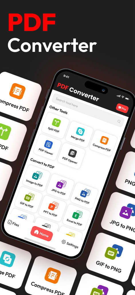 PDF Converterアプリのインターフェース。ファイル分割、結合、PDFへの変換ツールが表示されています。