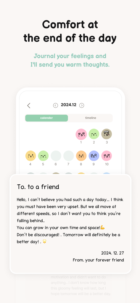 A mood tracker calendar with cute character icons and a supportive letter popup from the Roubit app providing emotional wellness encouragement