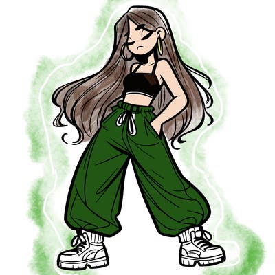 girl in baggy pants crop top and long hair