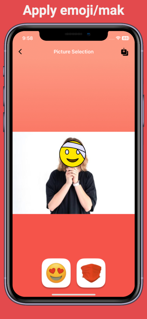 Emoji Remover - Photo Editor - Mobile app interface showing an emoji sticker applied over a person's face in a photo