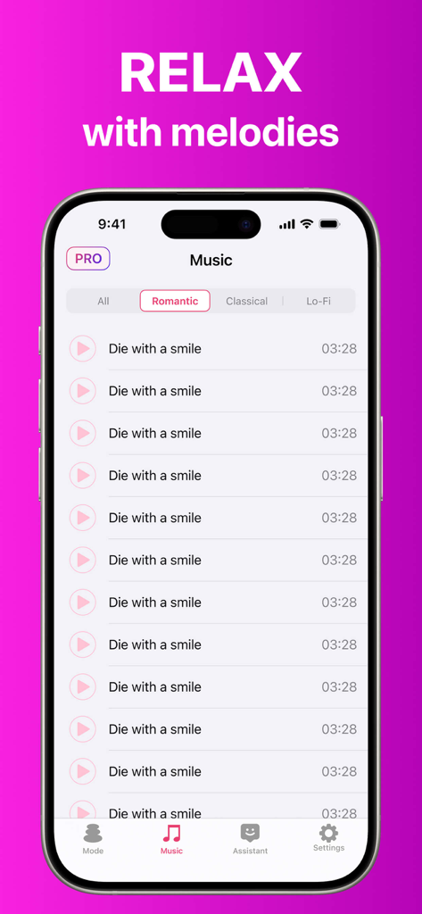 Vibration Massagerㅤ - An iPhone screen displaying a list of relaxing music tracks and melodies within the Vibration Massager app under the romantic category.