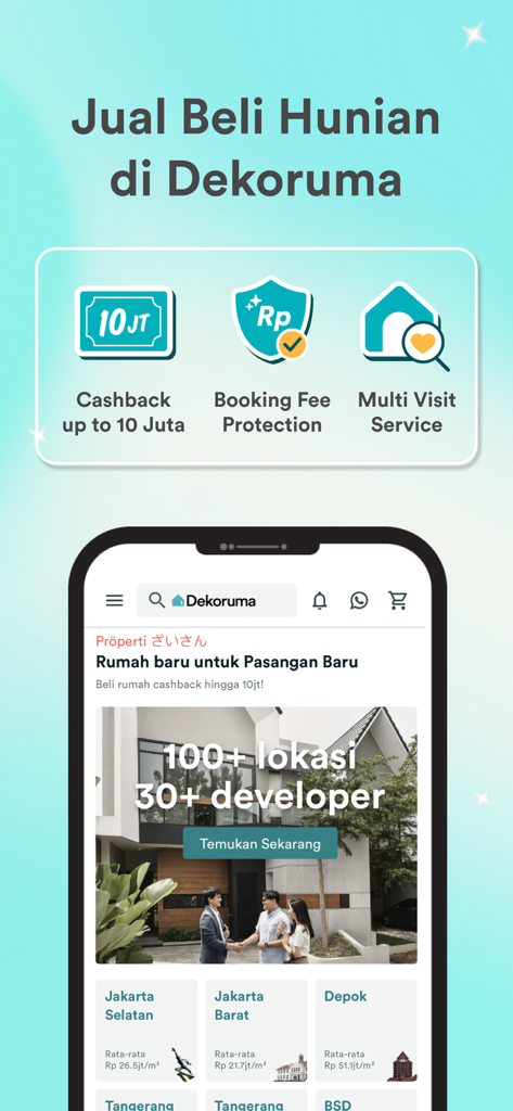 Dekoruma: Furniture & Interior - Schermata dell'app mobile Dekoruma che mostra servizi di acquisto di proprietà con cashback e protezione della prenotazione