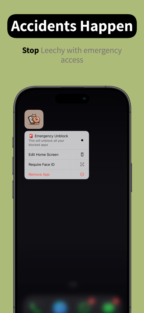 App Time Limit: Screen Leech - iPhone screen showing the emergency unblock menu option for the Screen Leech app