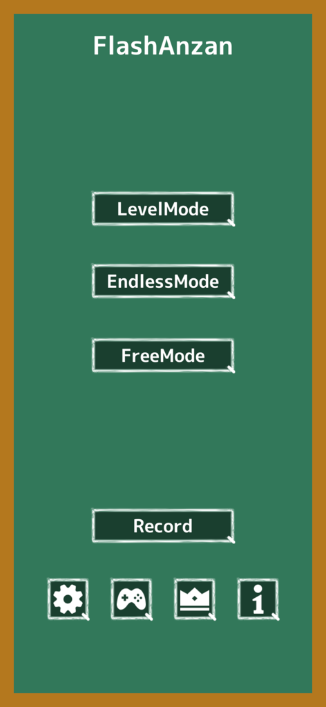 Flash Anzan Brain Training - Menú principal de la aplicación Flash Anzan Brain Training con opciones de Modo Nivel, Modo Infinito y Modo Libre sobre un fondo de pizarra verde.