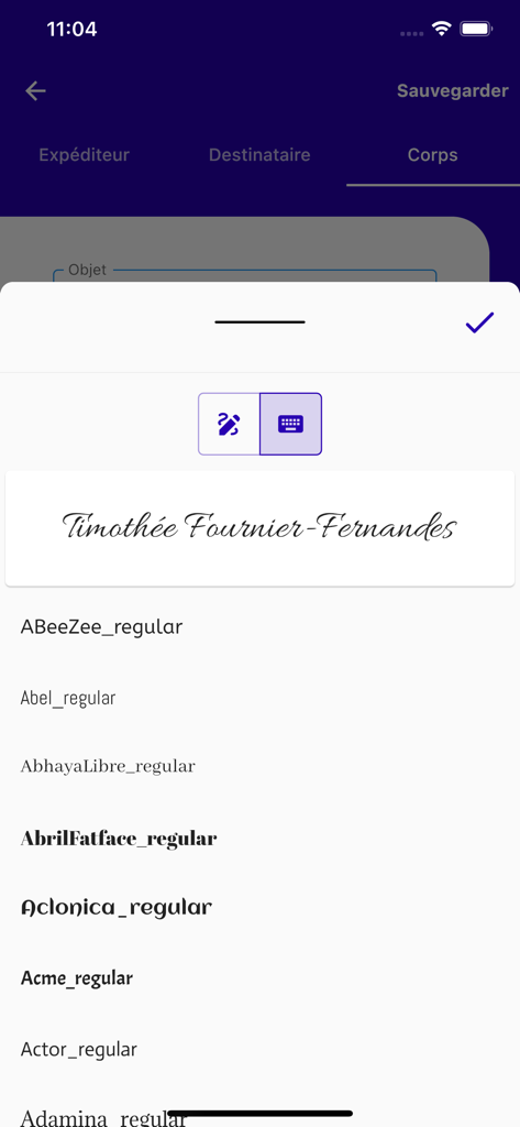 Interface for choosing font styles for a digital signature in the Motivation Letter app