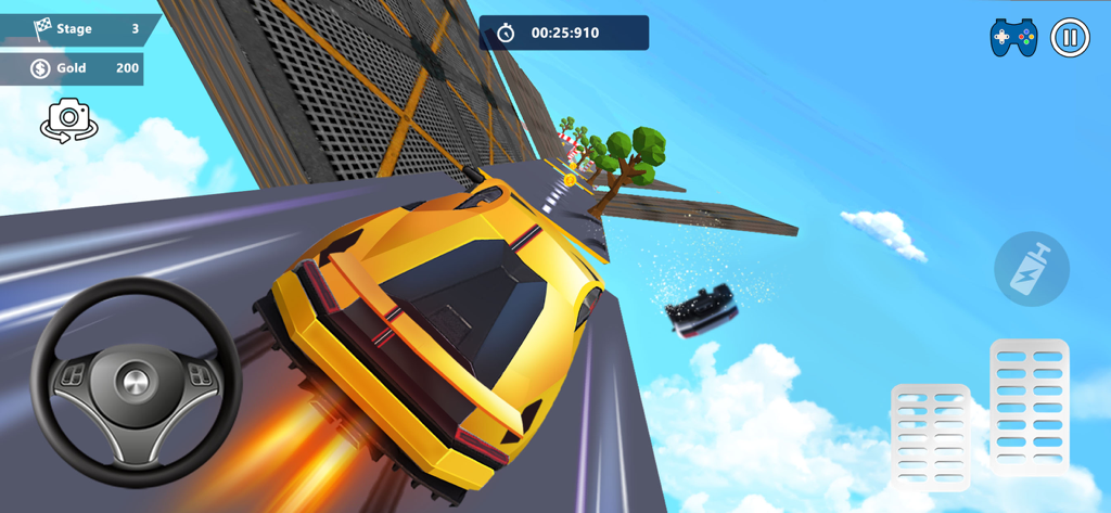 Yellow sports car performing stunts on a high altitude sky parkour track with nitro boost effects