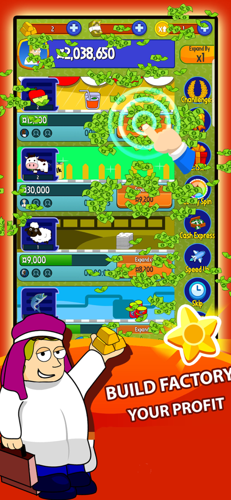 Cartoon tycoon character holding gold bars next to a business management dashboard with flying money