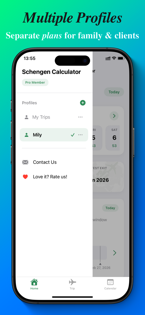 Interfaz de la aplicación Schengen Calculator que muestra la función de perfiles múltiples para gestionar planes de viaje de familiares y clientes.