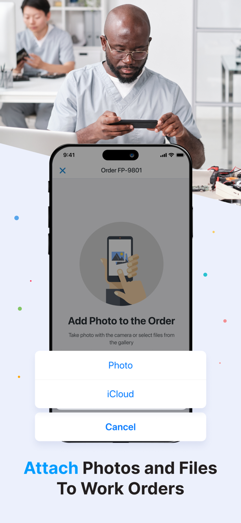RO.app - A technician using the RO app to attach photos and files to a work order for a service job.