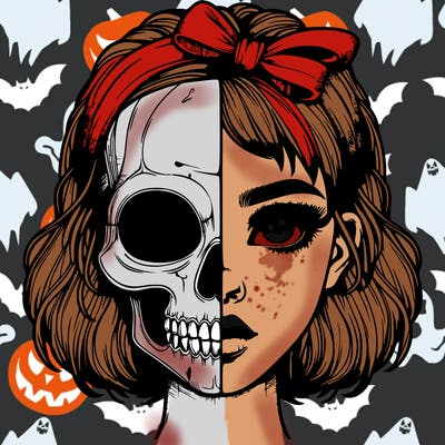 realistic girl with half skull mask