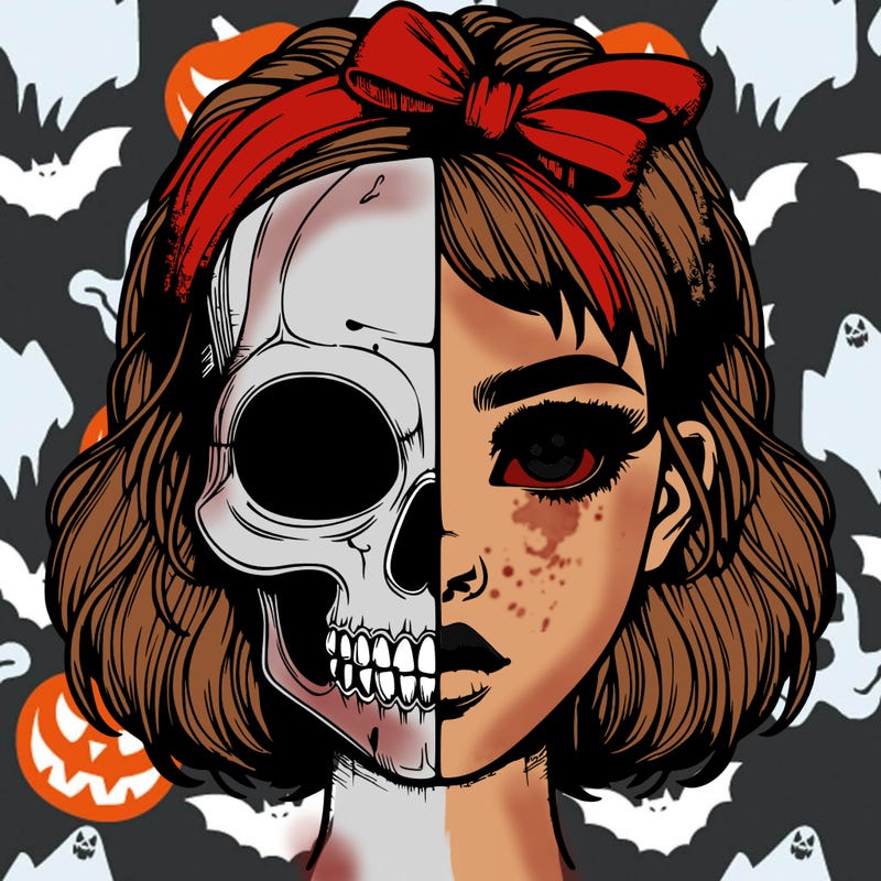 realistic girl with half skull mask
