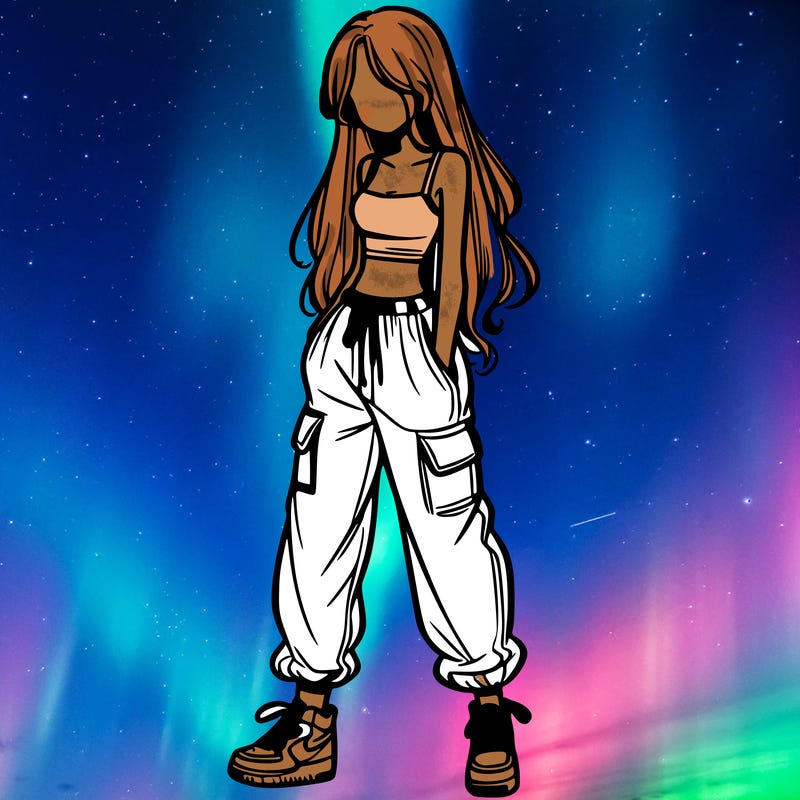 girl in baggy pants crop top and long hair