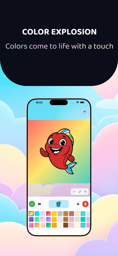 Colorbook: Kids Coloring Book - A smartphone screen showing the Colorbook app interface with a bright red fish being colored using a bottom palette of various colors.