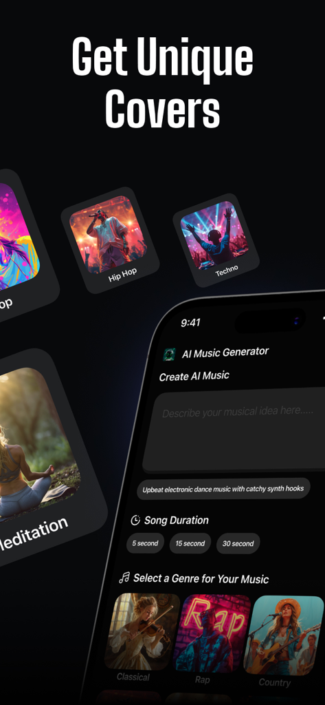 A smartphone screen showing the AI Music Generator app with options to choose song duration and musical genres like Hip Hop, Techno, and Rap.