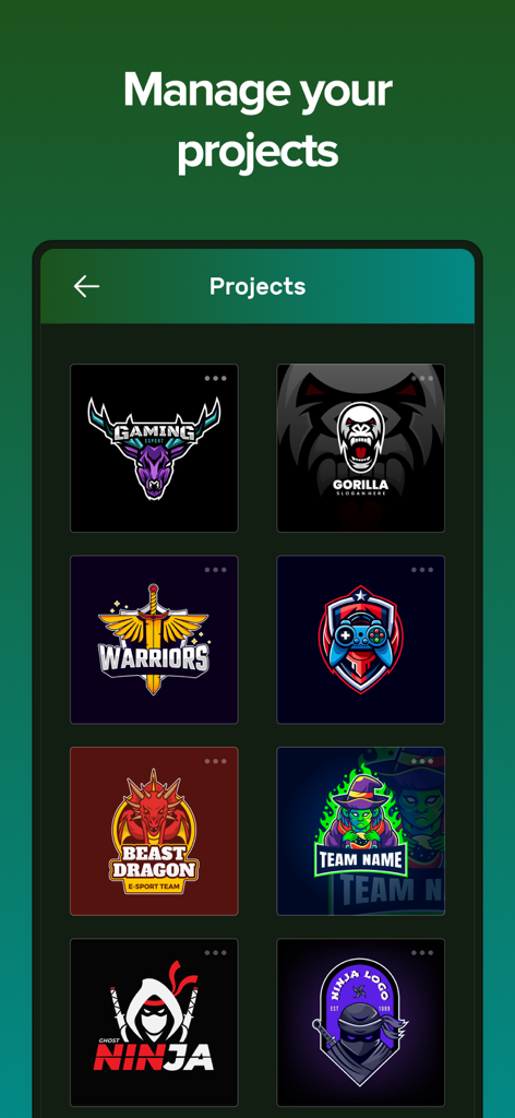 Logo Esport Maker - Mascot - A mobile screen showing a gallery of custom esports mascot logos for various gaming teams