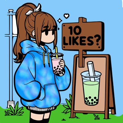girl with oversized hoodie drinking boba and she has a high ponytail with a sign that says 10likes?