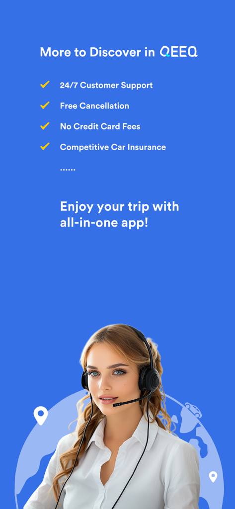 QEEQ car rental app screen showing 24/7 customer support and free cancellation benefits