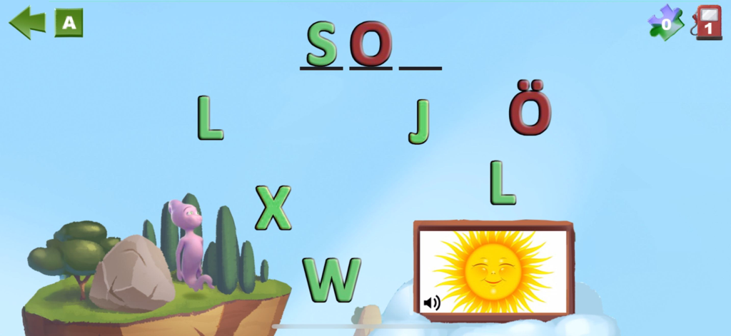 Trilo Stavar - A screenshot of the Trilo Stavar educational app showing a child learning to spell the Swedish word for sun with interactive letters.