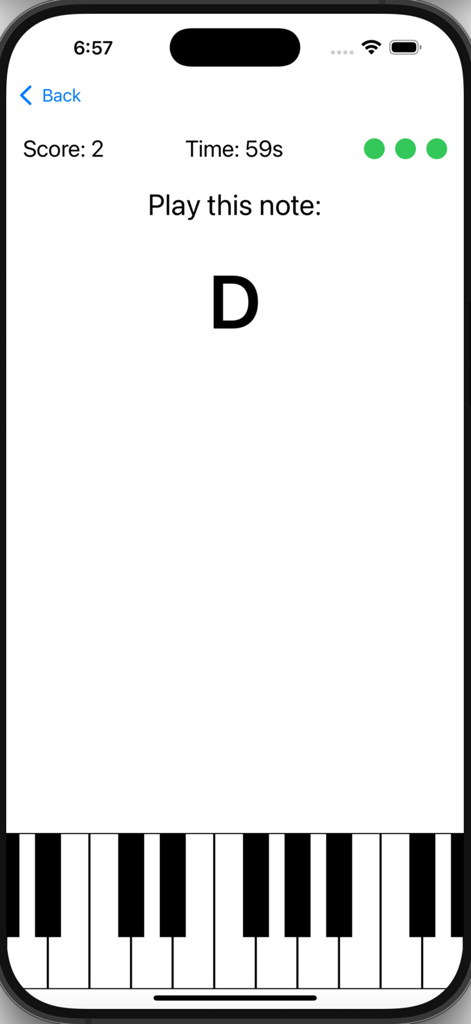 Piano Play - the easy way - Interface interativa de jogo de identificação de notas de piano pedindo ao usuário para tocar a nota Ré.