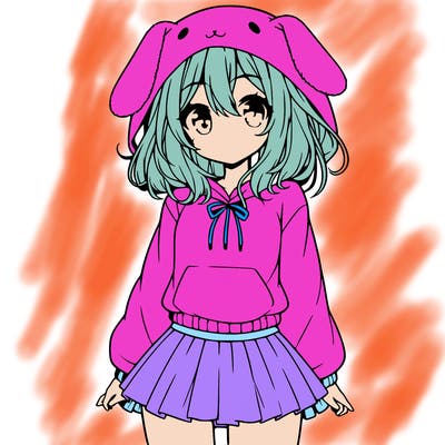 pretty anime girl wearing a fluffy hoodie with bunny ears on the hood and a skirt