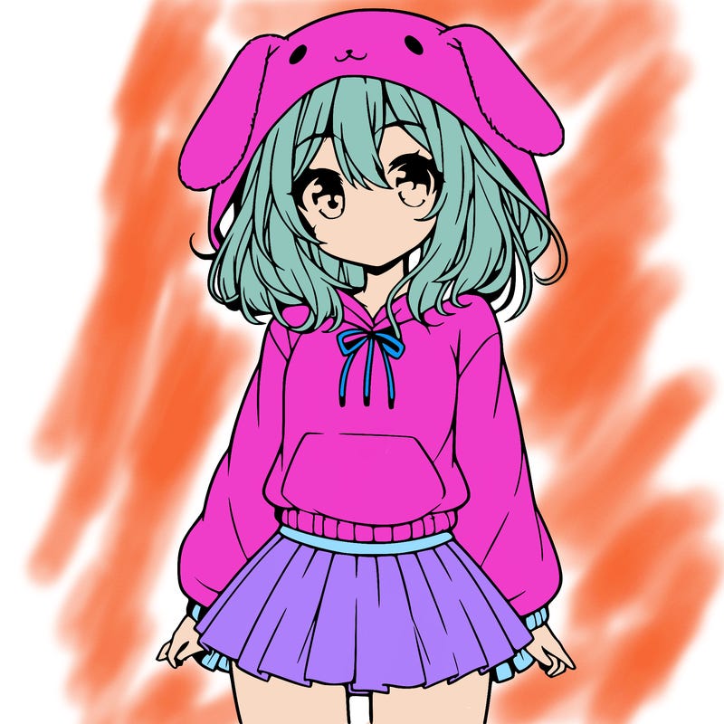 pretty anime girl wearing a fluffy hoodie with bunny ears on the hood and a skirt